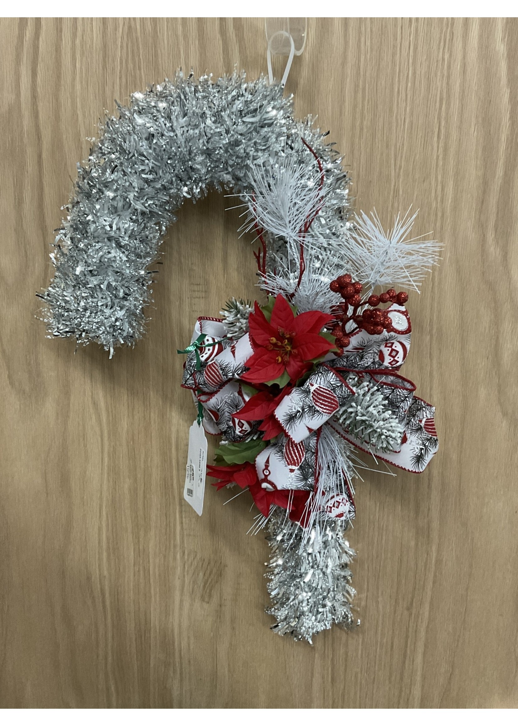 My New Favorite Thing Wreath Candy Cane Silver Tinsel with Poinsettia and Red Ornament Ribbon
