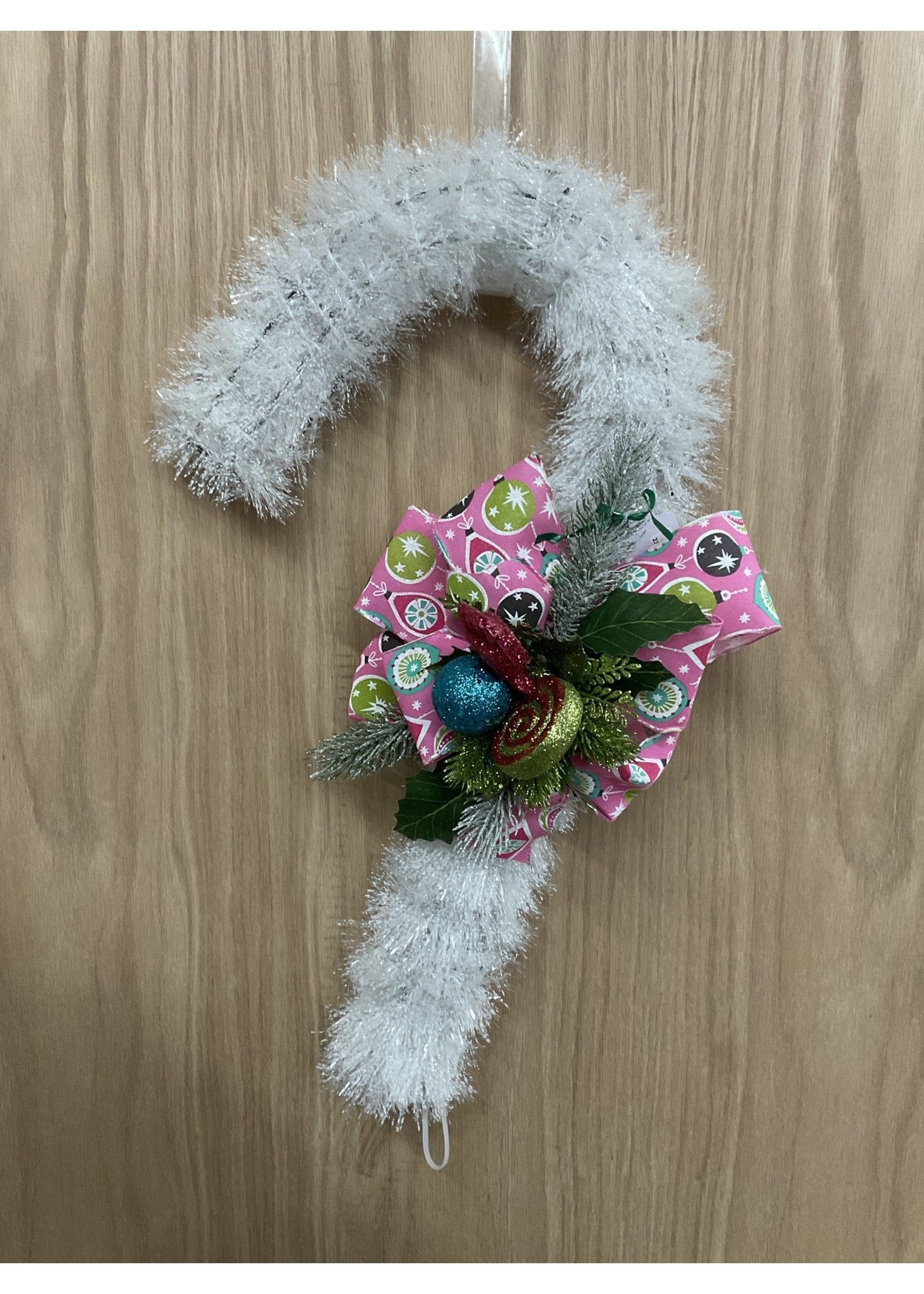 My New Favorite Thing Wreath Candy Cane White with Ornaments and Pink Ornament Ribbon