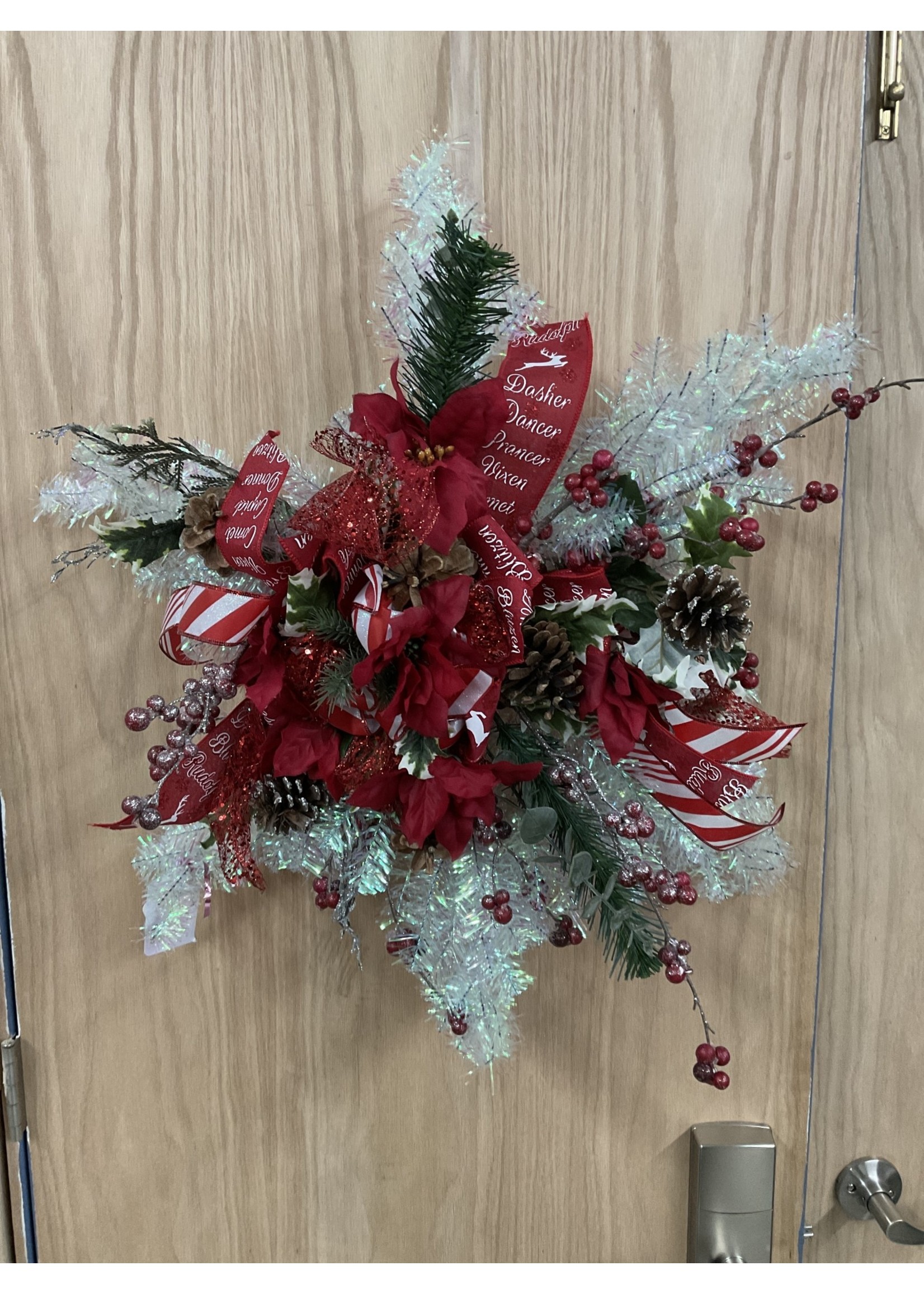 My New Favorite Thing Wreath Star Iridescent Red Poinsettia w/Reindeer Names Ribbon 27 inches