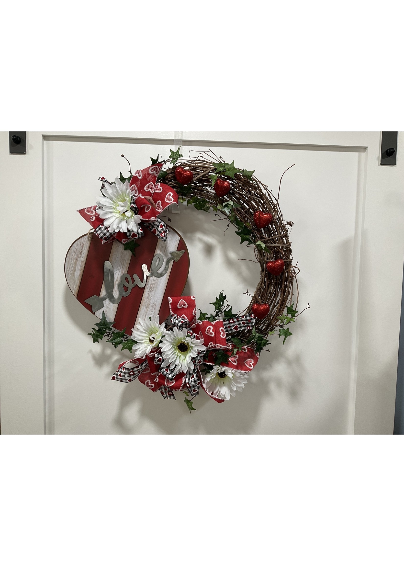 My New Favorite Thing Wreath Grapevine "Love" with White Flowers and Red Heart Ribbon