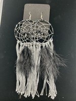 Our Twisted Dahlia E232 Earrings Dream Catcher-Grey, Black Bats and Black Feathers