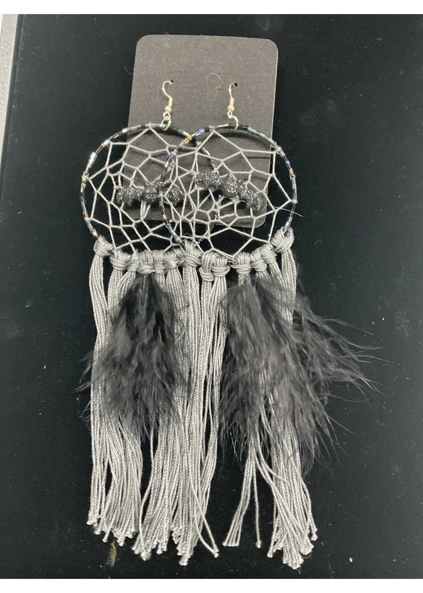 Our Twisted Dahlia E232 Earrings Dream Catcher-Grey, Black Bats and Black Feathers