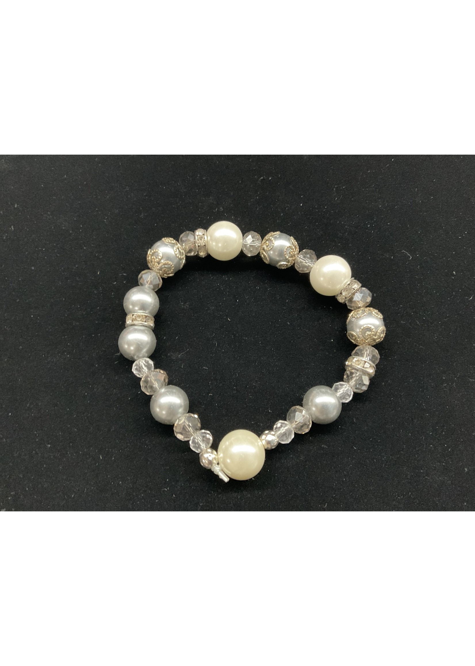 B40 Bracelet Elastic-Glass Pearl and Silver Filigree Beads - My