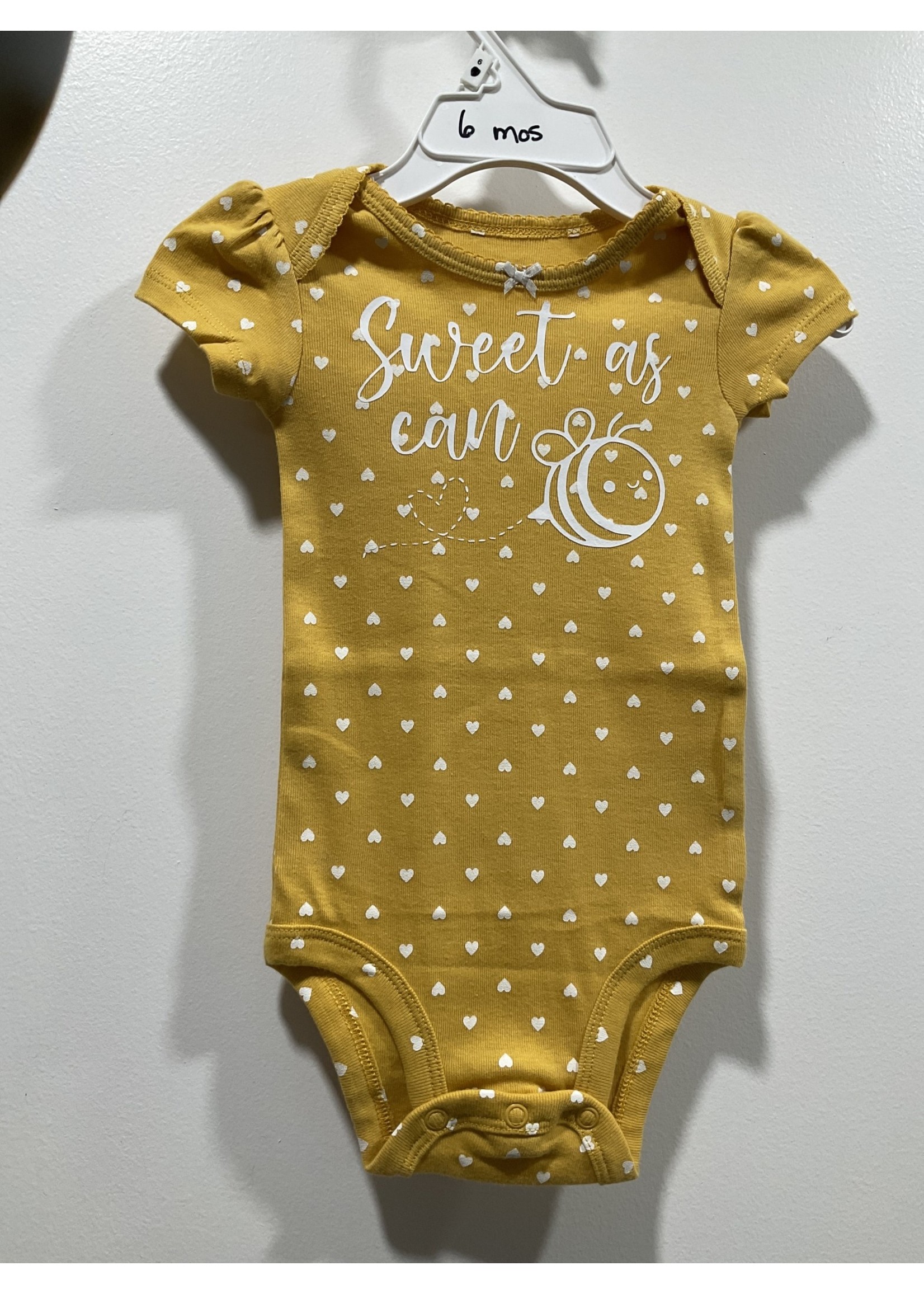 My New Favorite Thing Onsie Yellow with White Hearts w/White "Sweet as Can Bee" with a Bumble Bee short sleeve 6 month