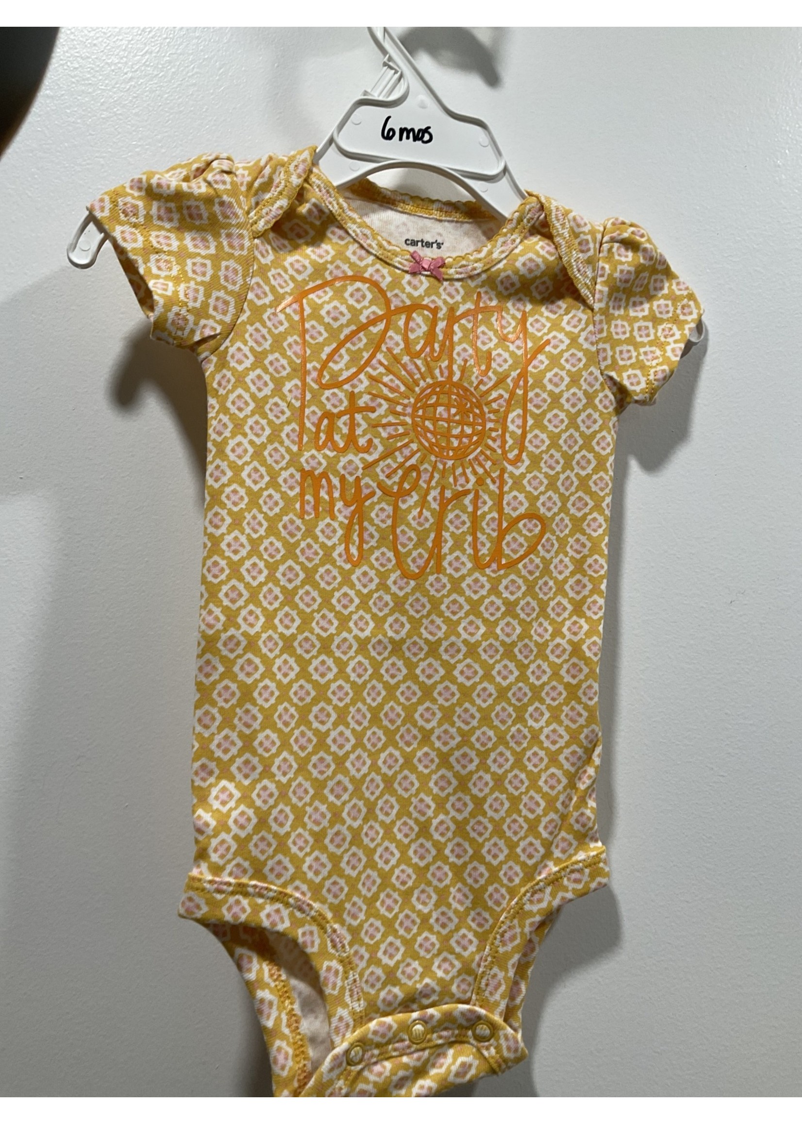 My New Favorite Thing Onsie Yellow and White Print w/Yellow "Party at My Crib" short sleeve 6 month