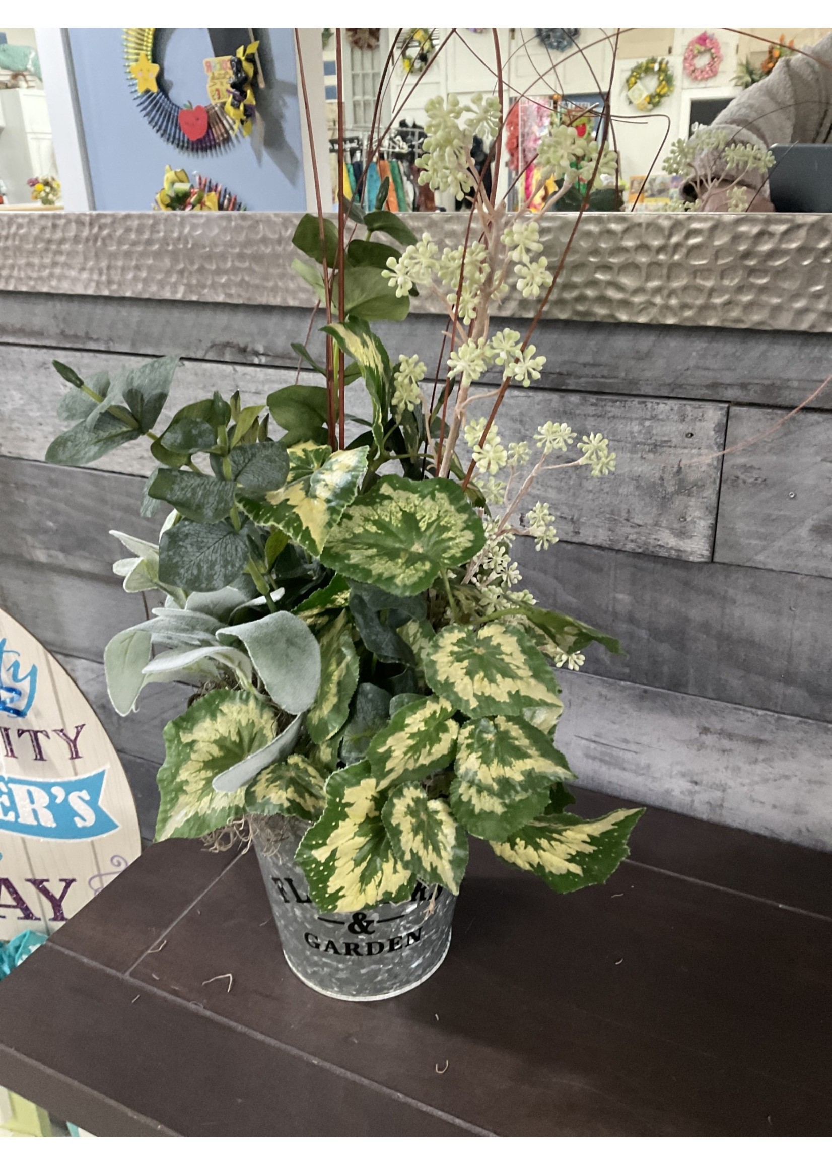 My New Favorite Thing Centerpiece Silver Bucket Greenery