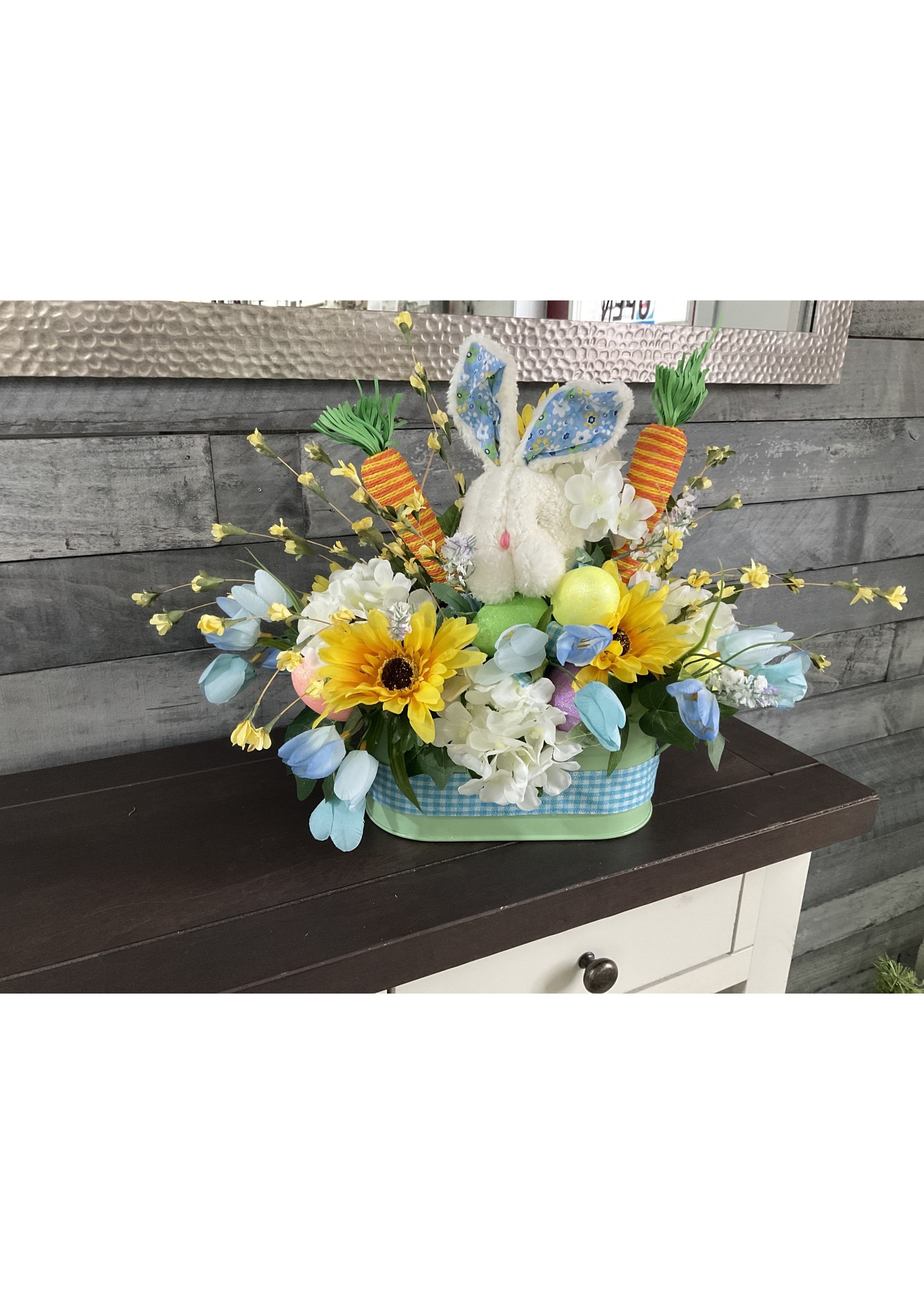 My New Favorite Thing Centerpiece Easter Green Container Bunny, Carrots, Tulips with Blue Check Ribbon