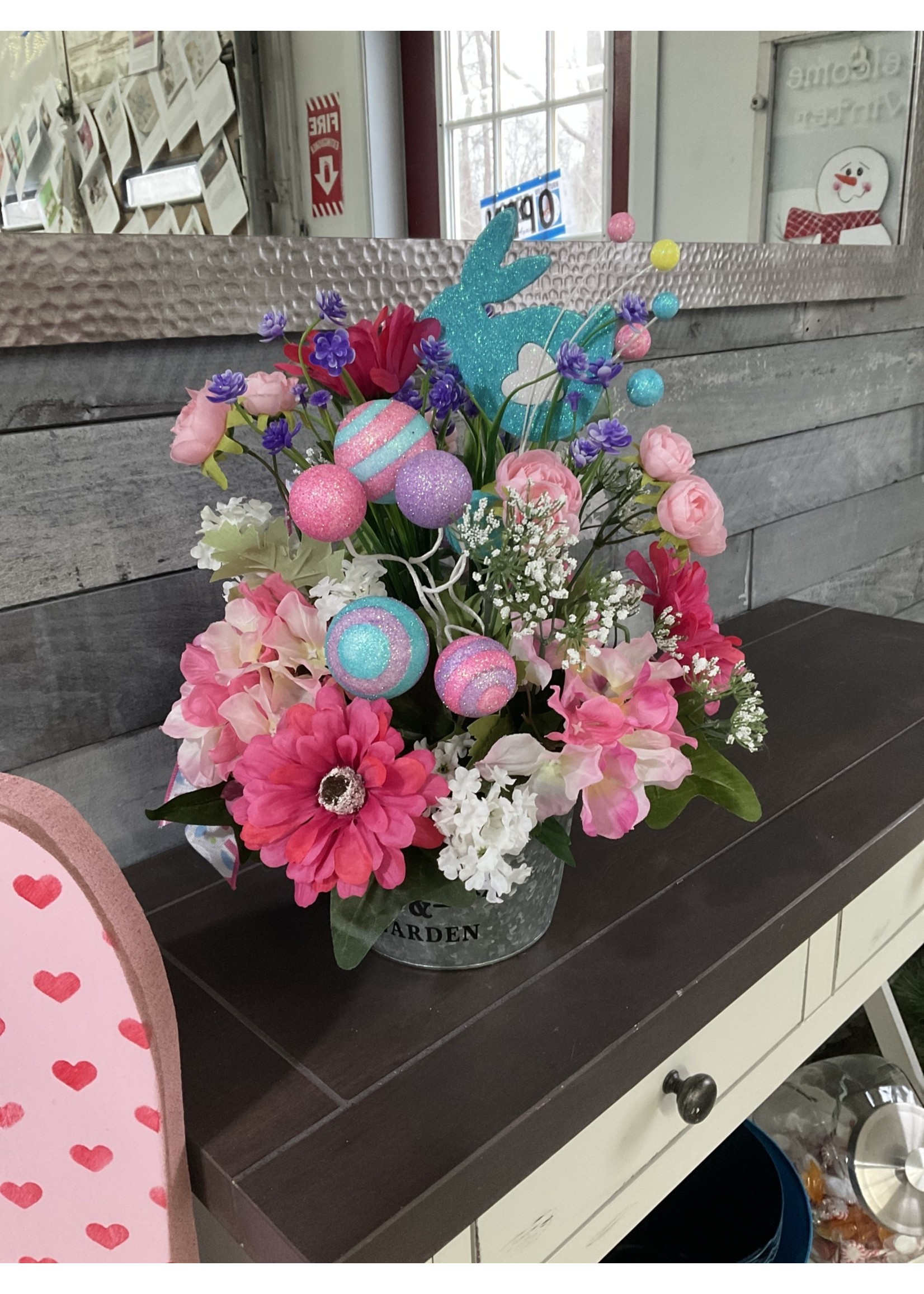 My New Favorite Thing Centerpiece Easter Metal  Bucket w/ Blue Rabbit, Pink Flowers