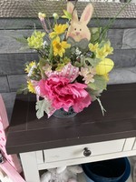 My New Favorite Thing Centerpiece Easter Metal Bucket w/Rabbit, Yellow and Pink Flowers and Pink Ribbon