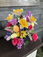 My New Favorite Thing Centerpiece Spring Basket w/Yellow Red and Purple Flowers and Eggs