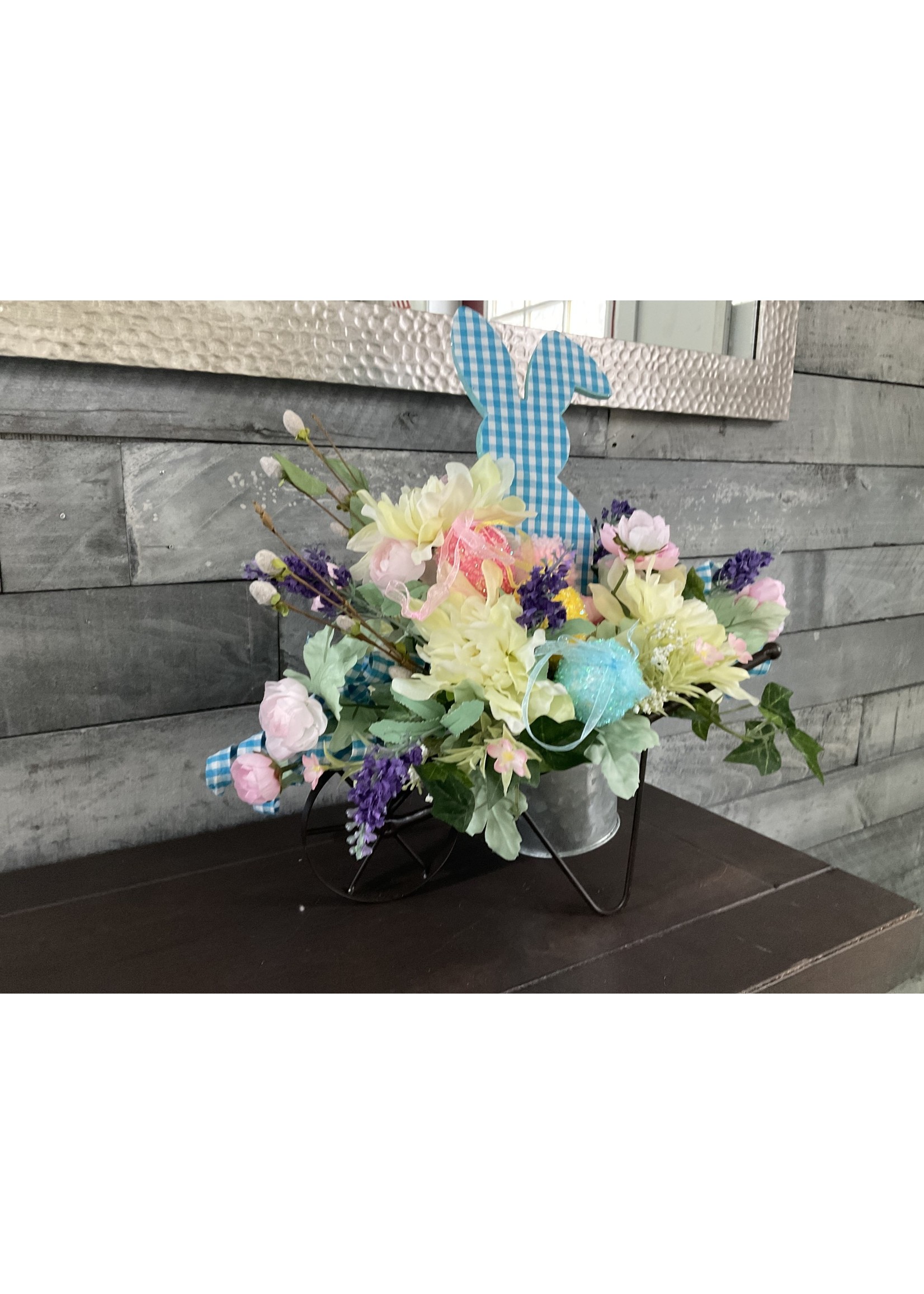 My New Favorite Thing Centerpiece Easter Wheelbarrow Blue Gingham Bunny and Flowers