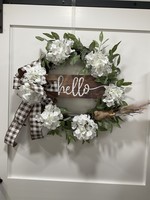 My New Favorite Thing Grapevine Wreath "Hello" with White Hydrangea and Brown Check Ribbon