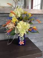 My New Favorite Thing Centerpiece Blue Vase w/Yellow, Blue and Orange Flowers