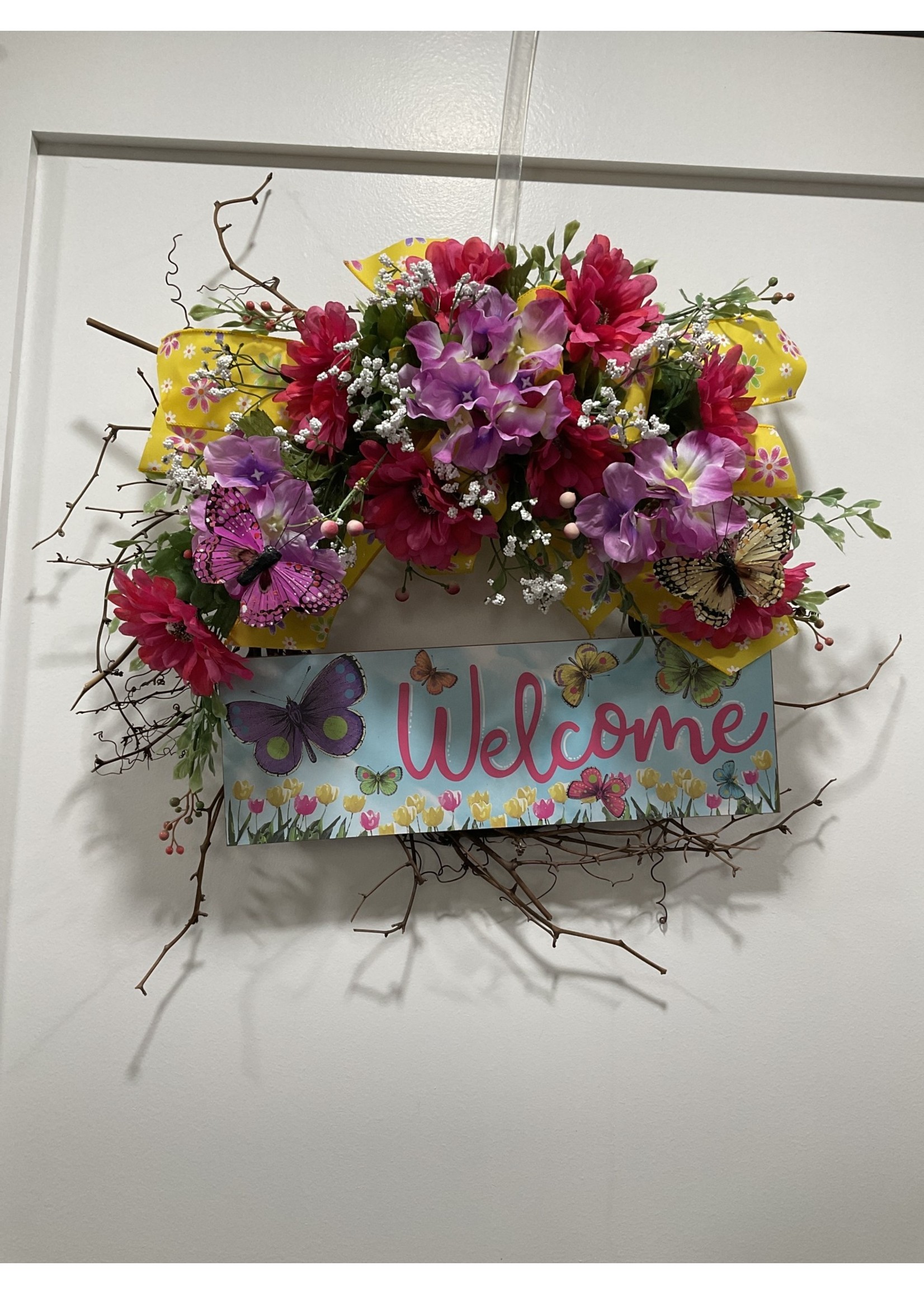 My New Favorite Thing Grapevine Wreath "Welcome" with Colorful Flowers and Butterflies