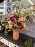 My New Favorite Thing Centerpiece Yellow Vase w/ Pink, Red and Yellow Flowers