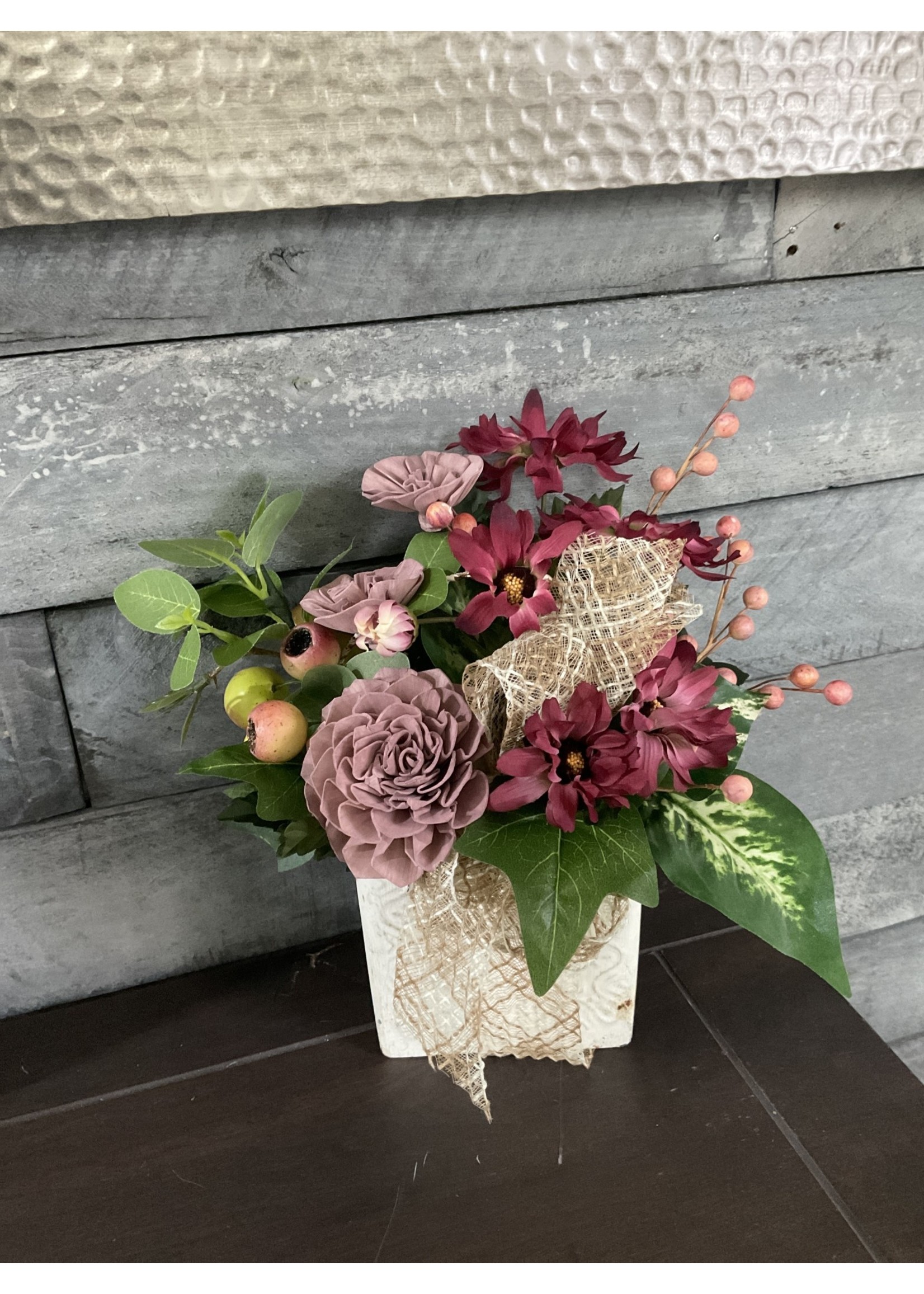 My New Favorite Thing Centerpiece White Pail Mauve Flowers w/Sheer Ribbon