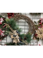 My New Favorite Thing Wreath Grapevine Gold Poinsettia with Blue Joy Ribbon 23 inch