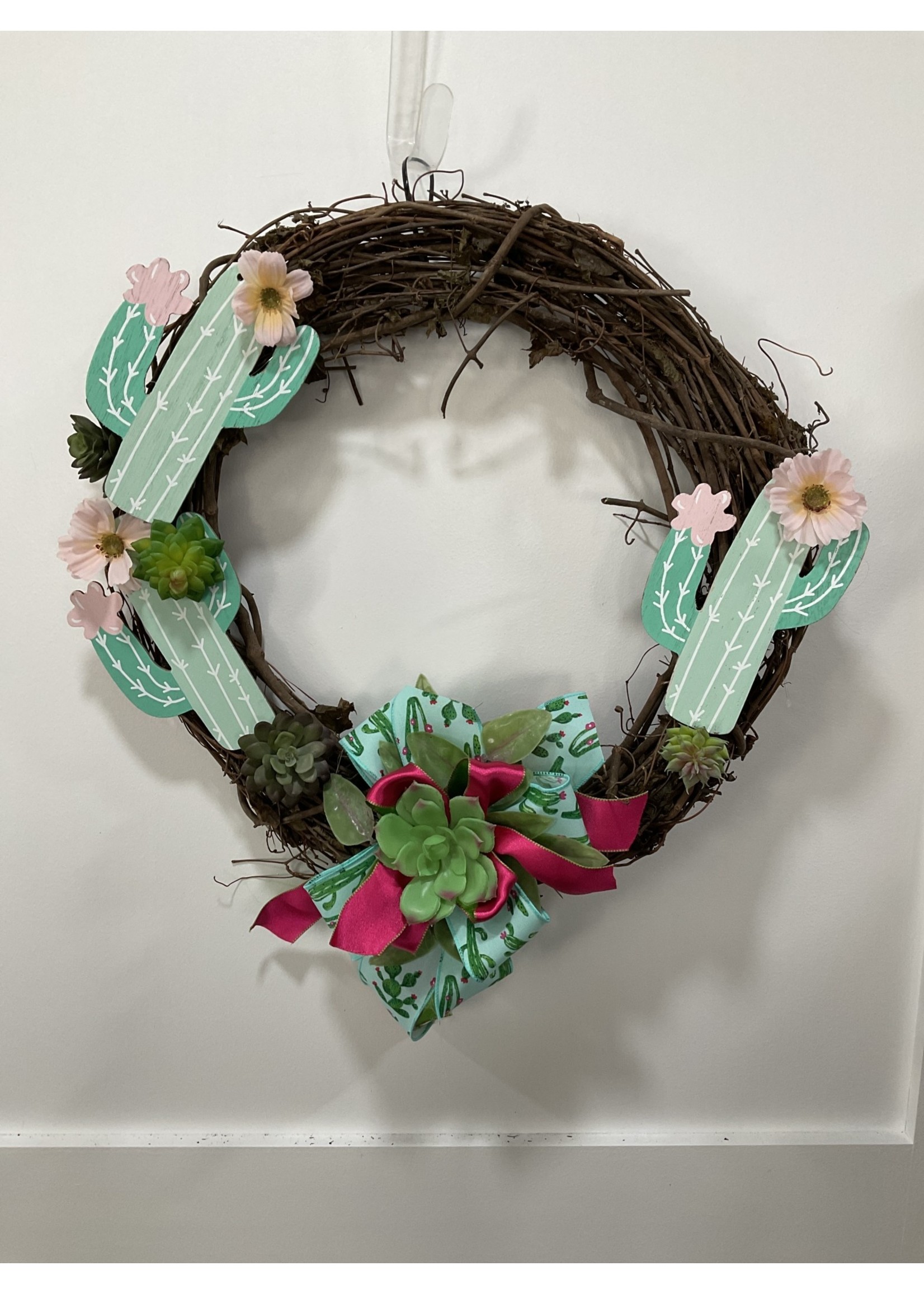 My New Favorite Thing Grapevine Wreath with Cactus, Pink Flowers and Cactus Ribbon