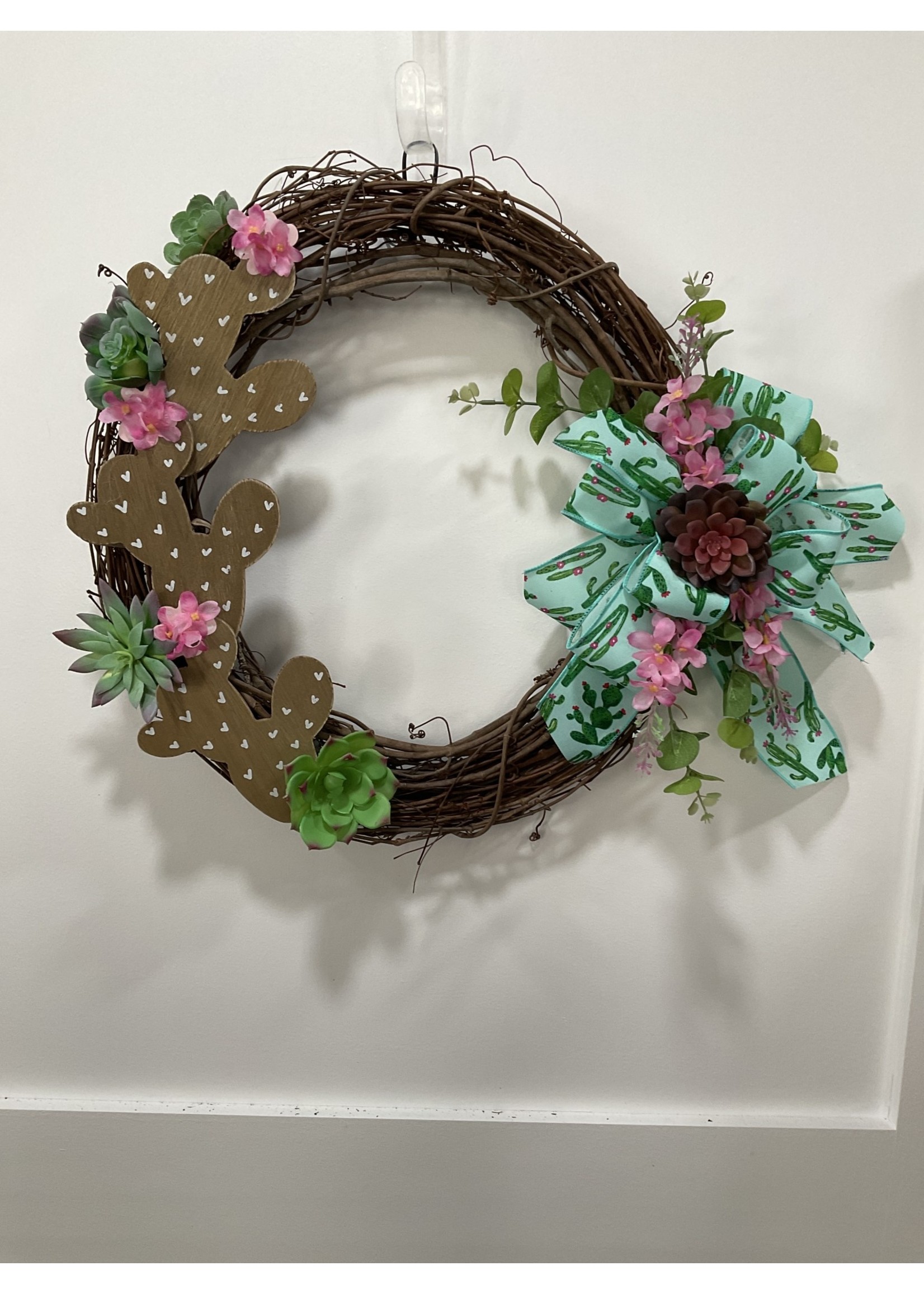 My New Favorite Thing Grapevine Wreath with Cactus, Dark Pink Flowers and Cactus Ribbon