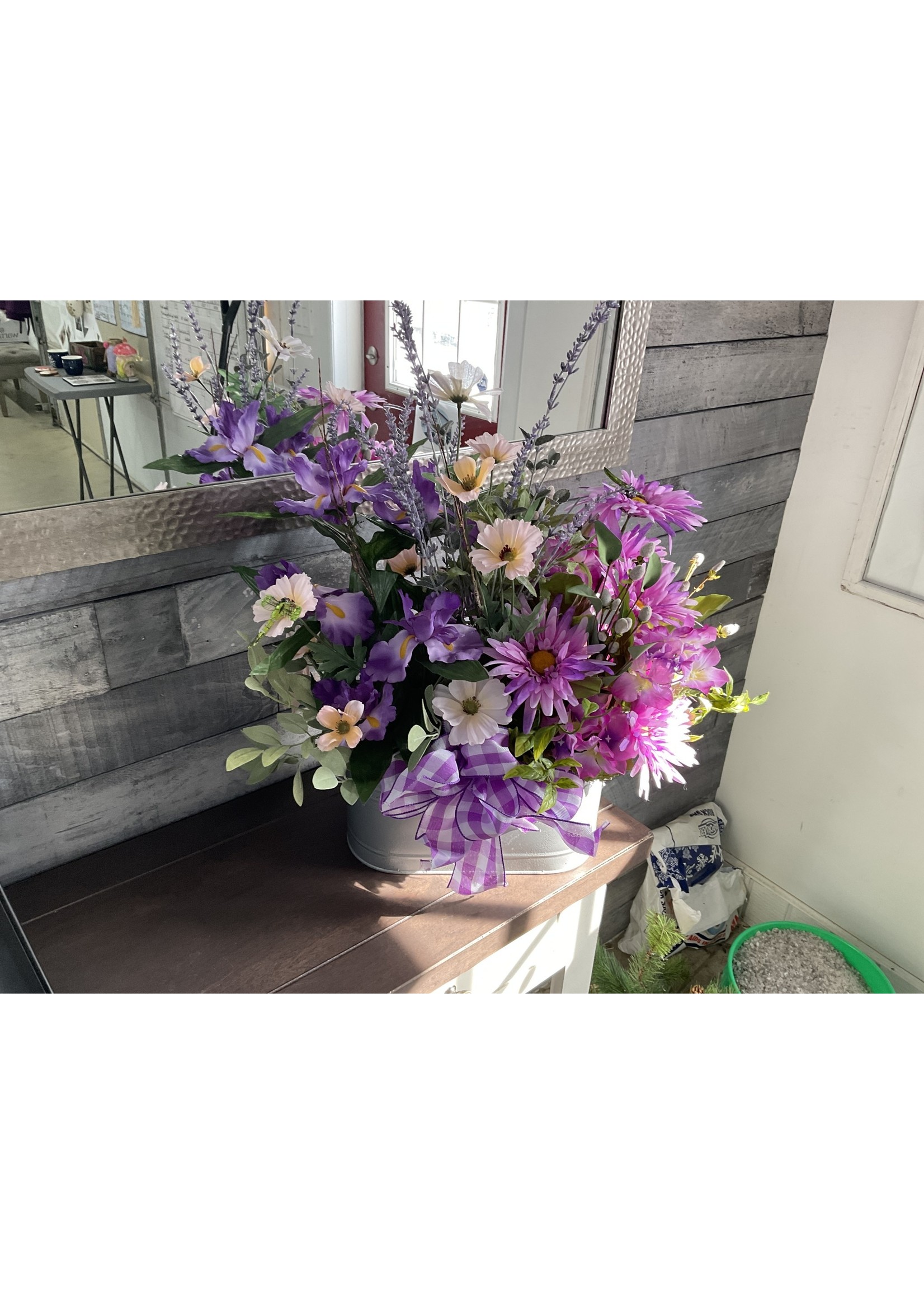 My New Favorite Thing Centerpiece Silver Bucket w/Spring Flowers and Purple Ribbon