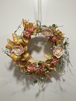 My New Favorite Thing Small Flower and Bud Wreath with Pink Flowers and Yellow Plaid Ribbon