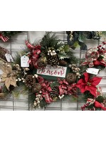 My New Favorite Thing Wreath Evergreen "Tis the Season" with Pinecones, Poinsettias and Red Plaid Ribbon