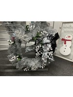 My New Favorite Thing Wreath Silver Tinsel Wreath with Snowflakes, White Berries and Black and Snowman Ribbons