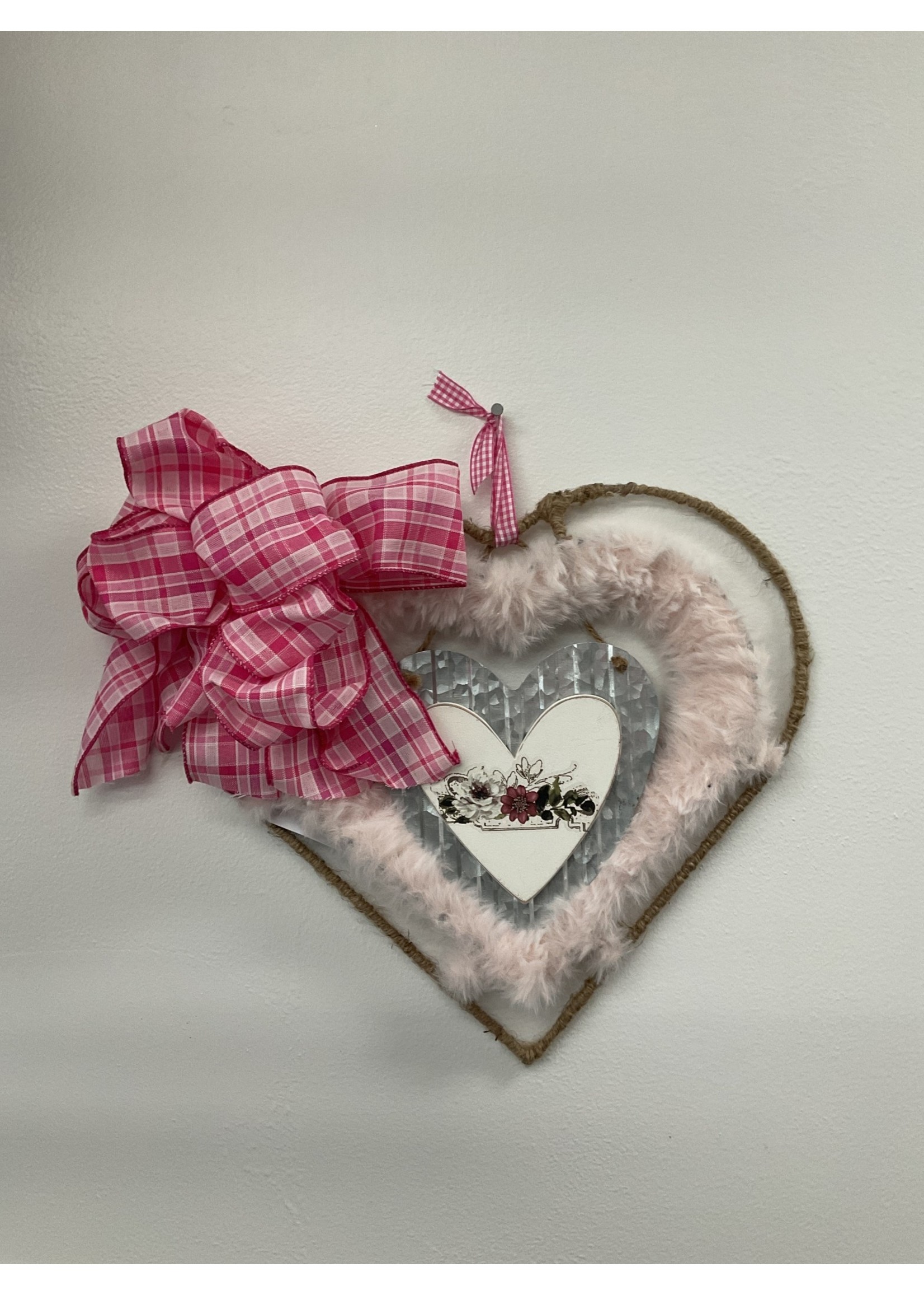 My New Favorite Thing Wreath Jute and Pink Fur Heart w/ Metal Heart Sign and Pink Plaid Ribbon