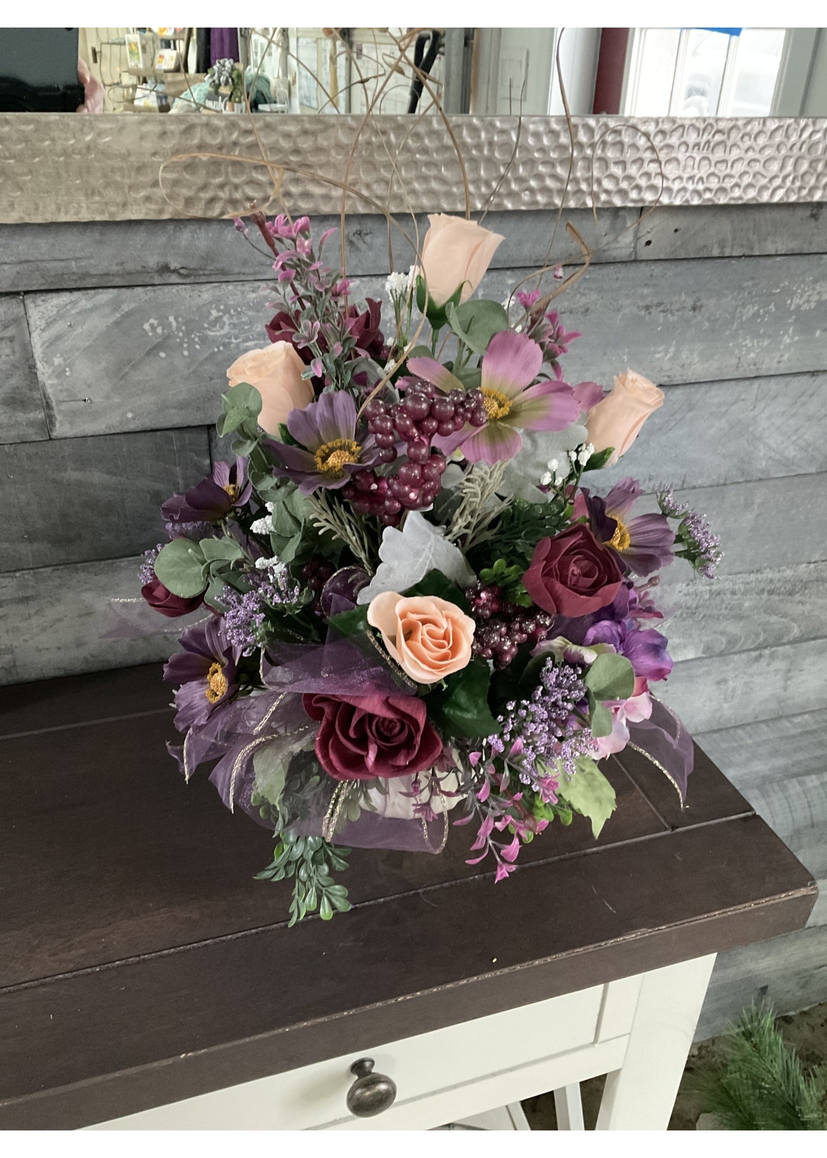 My New Favorite Thing Centerpiece Pink, Burgandy and Purple Flowers