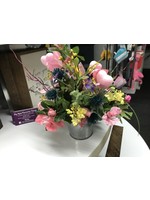 My New Favorite Thing Centerpiece Valentines Silver Bucket Yellow and Purple Flowers w/Pink Hearts