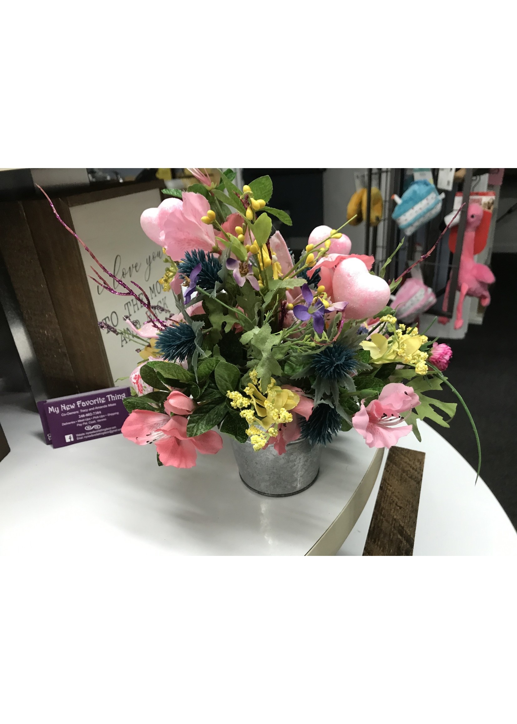 My New Favorite Thing Centerpiece Valentines Silver Bucket Yellow and Purple Flowers w/Pink Hearts