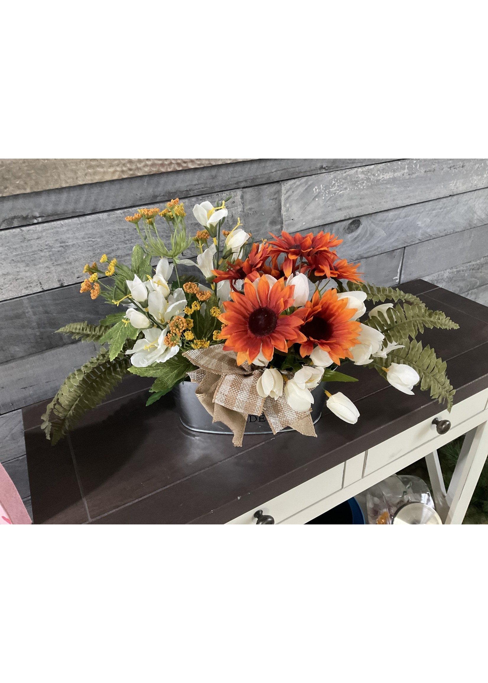 My New Favorite Thing Centerpiece Metal Container Orange, White and Yellow Flowers w/Brown Check Ribbon