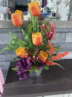 My New Favorite Thing Centerpiece Spring Metal Bucket w/ Orange Tulips & Purple Flowers
