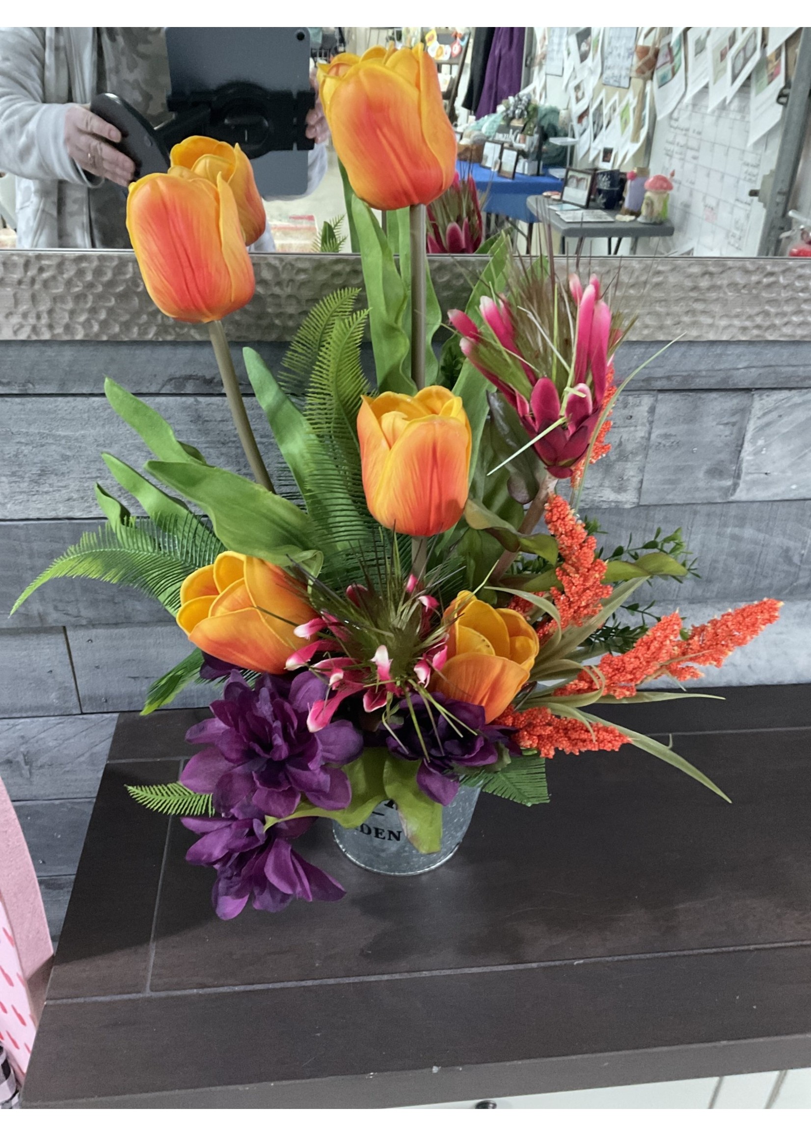 My New Favorite Thing Centerpiece Spring Metal Bucket w/ Orange Tulips & Purple Flowers