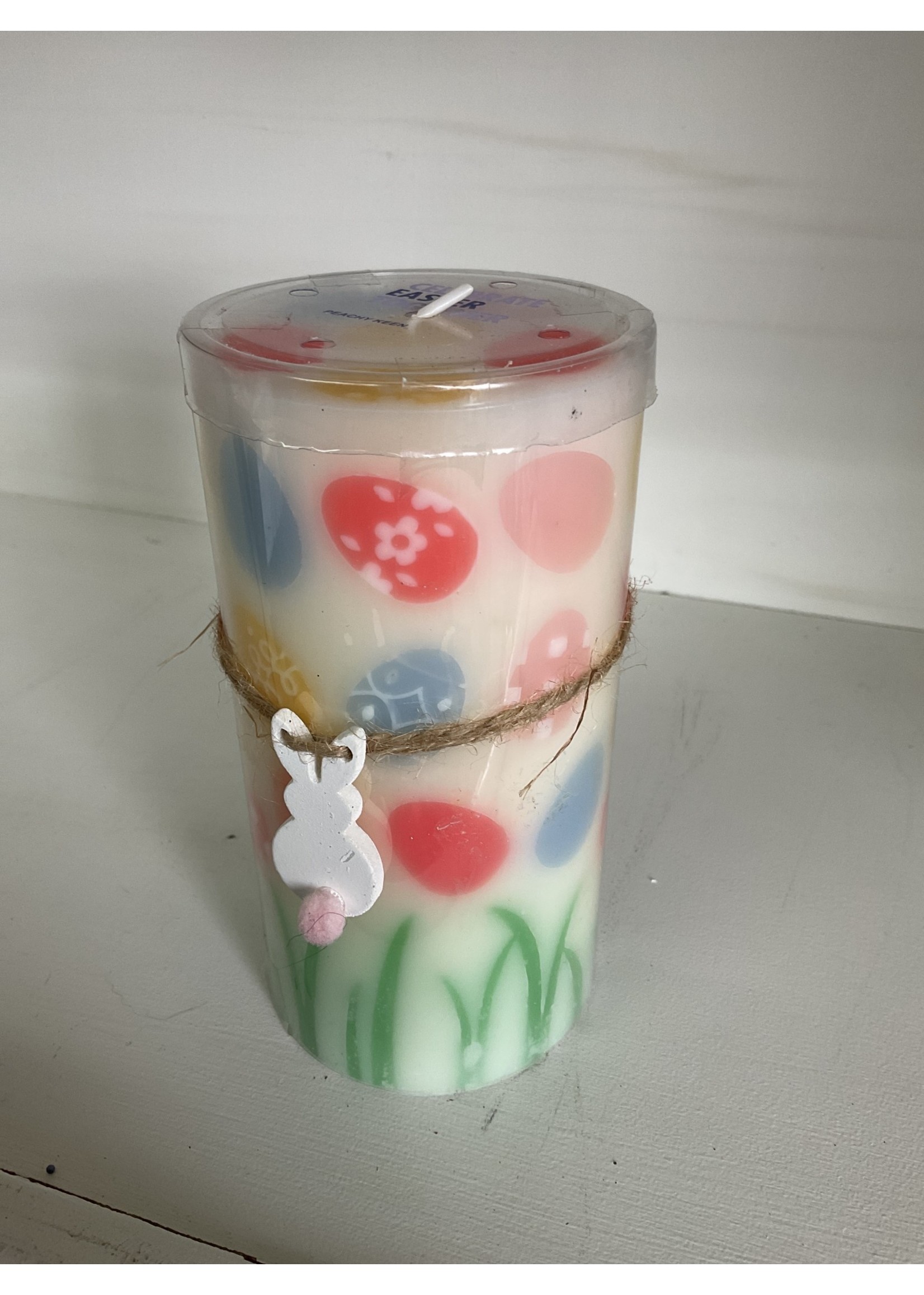 My New Favorite Thing Candle White w/Colorful Eggs and Rabbit on String