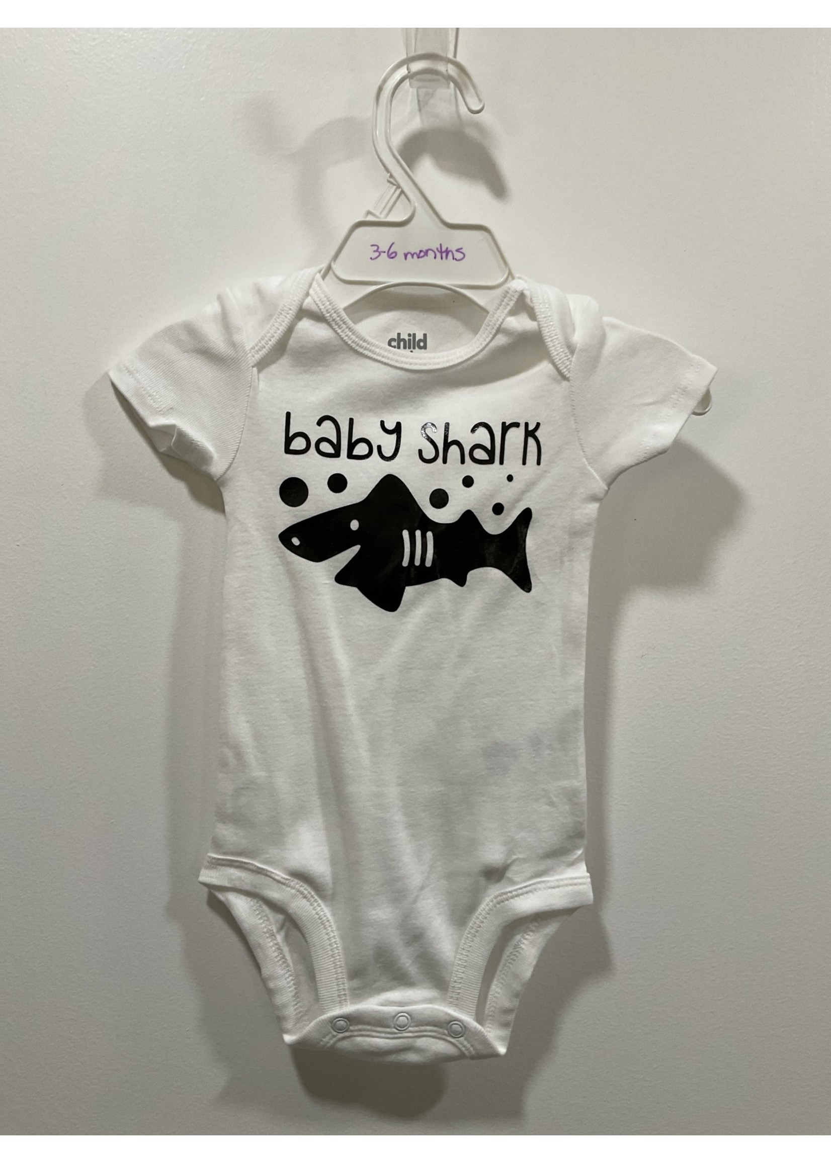 My New Favorite Thing Onsie White w/Black "Baby Shark" and Shark short sleeve 3-6 month
