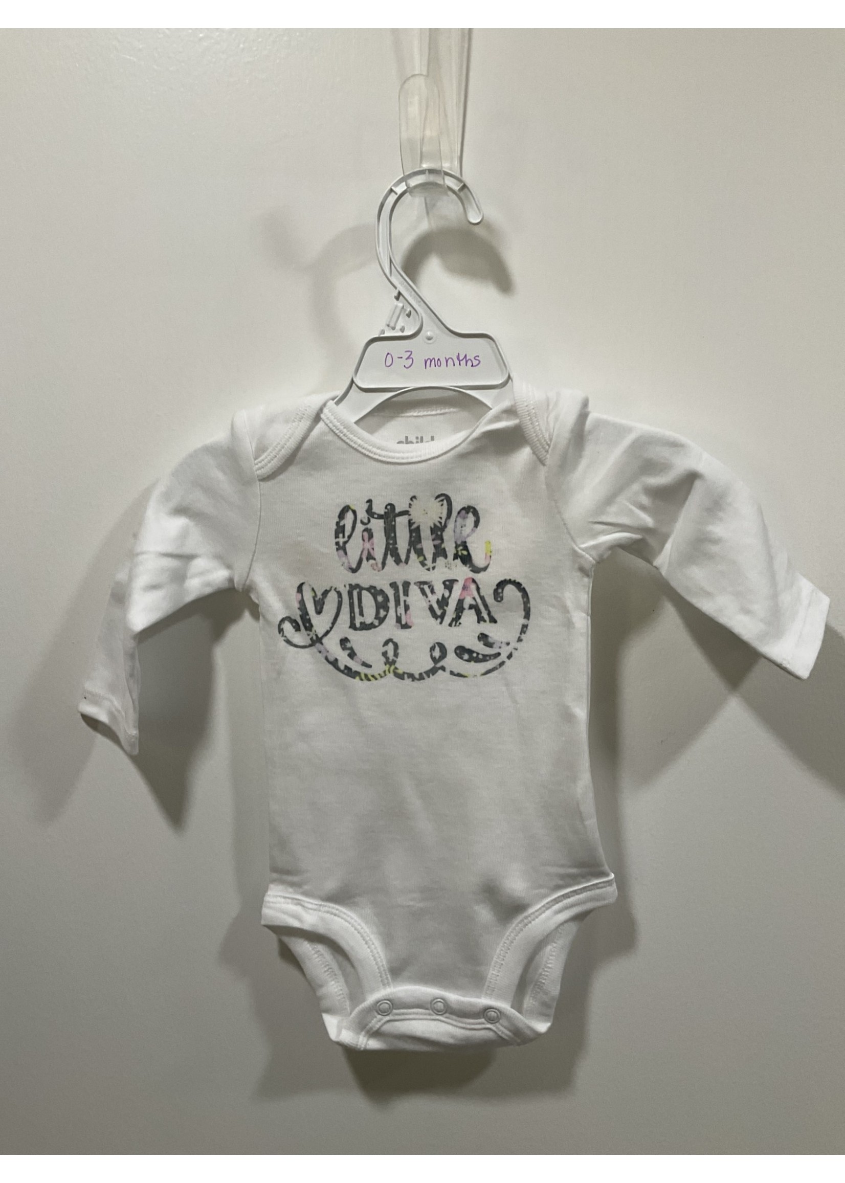 My New Favorite Thing Onsie White w/Colorful Flower Print "Little Diva" long sleeve 3 month
