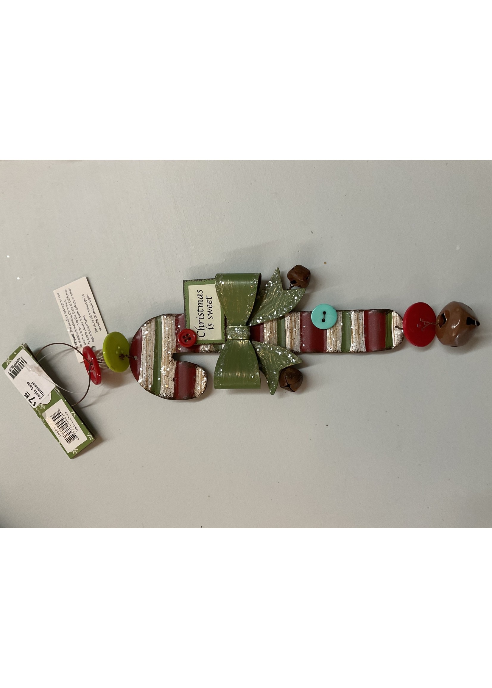 Sunset Vista Design Tin Ornament Choice of Candy Cane with Green or Red Bow 9x3"