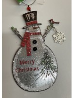 Sunset Vista Design Tin Ornament Snowman "Merry Christmas" with  Christmas tree, cardinal and  holding a snowflake 5x8