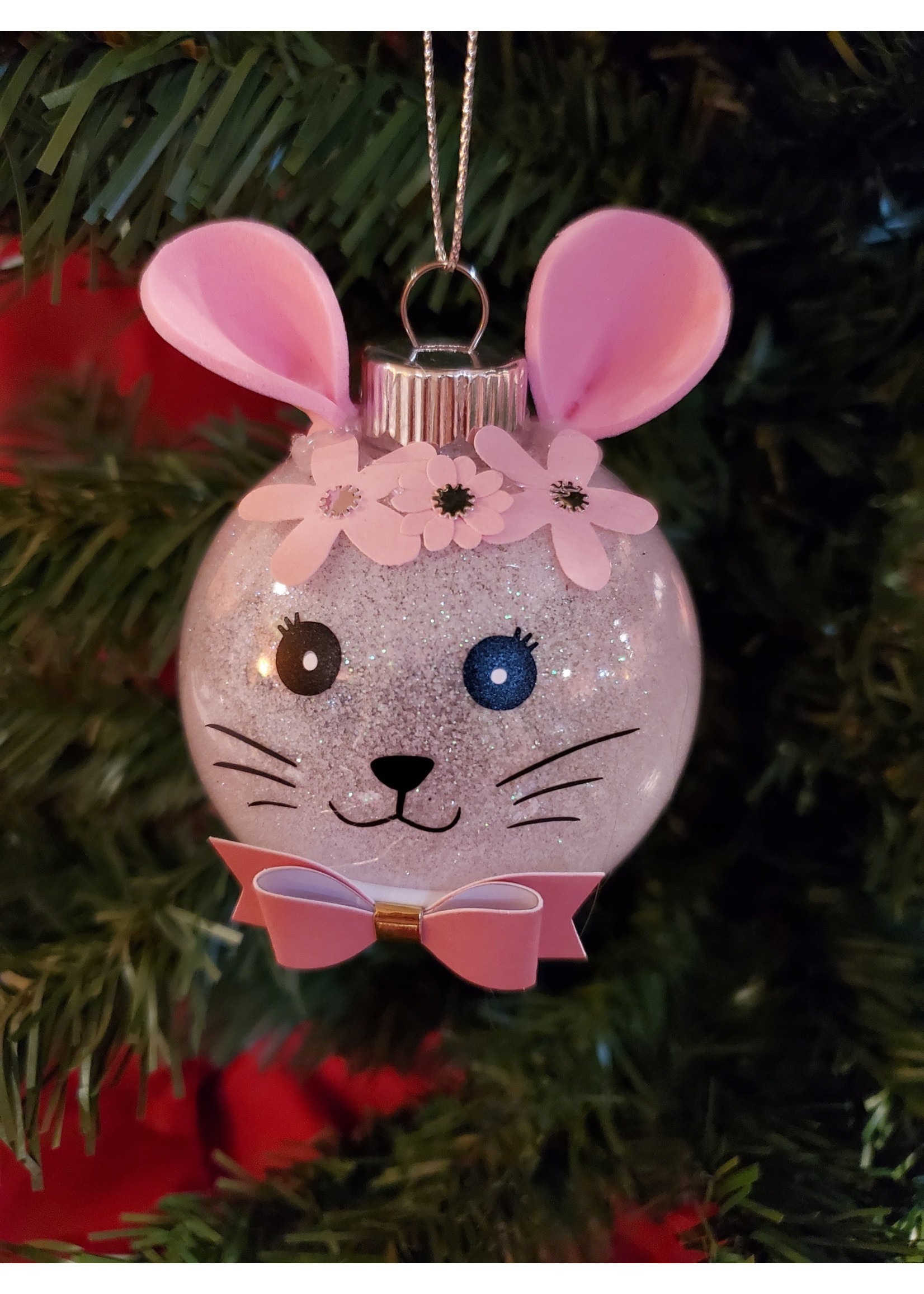 Sally Ward Ornament clear plastic 2.65in-Light Pink Glitter Mouse w Pink Flowers/Bowtie