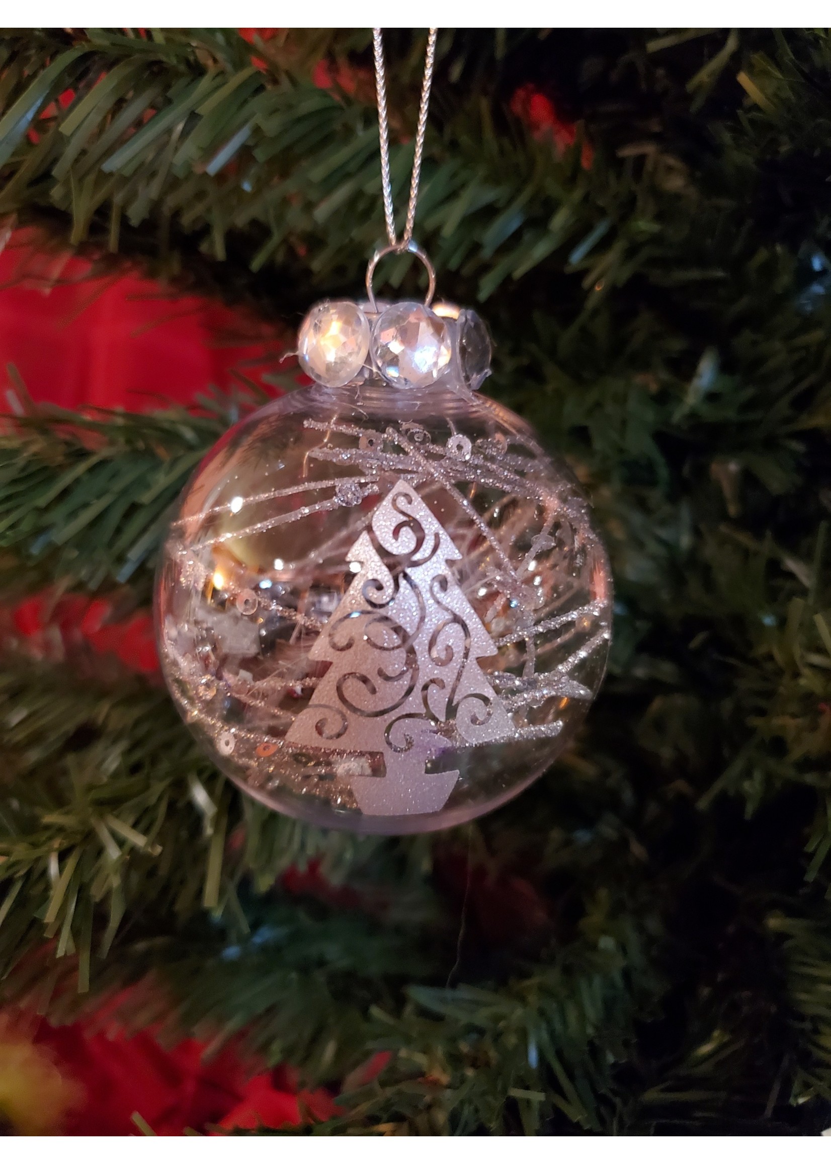 Sally Ward Ornament clear plastic 2.65in-Silver Accent w/Silver Tree
