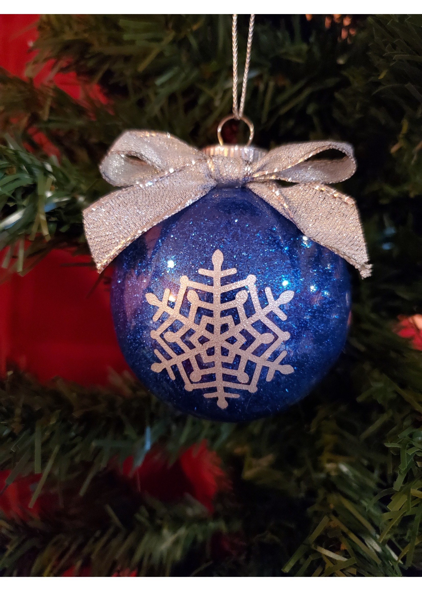 Sally Ward Ornament clear plastic 2.65 in-Blue Glitter w/Silver Snowflake and Silver Ribbon (2)
