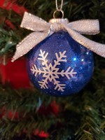Sally Ward Ornament clear plastic 2.65 in-Blue Glitter w/Silver Snowflake and Silver Ribbon (3)