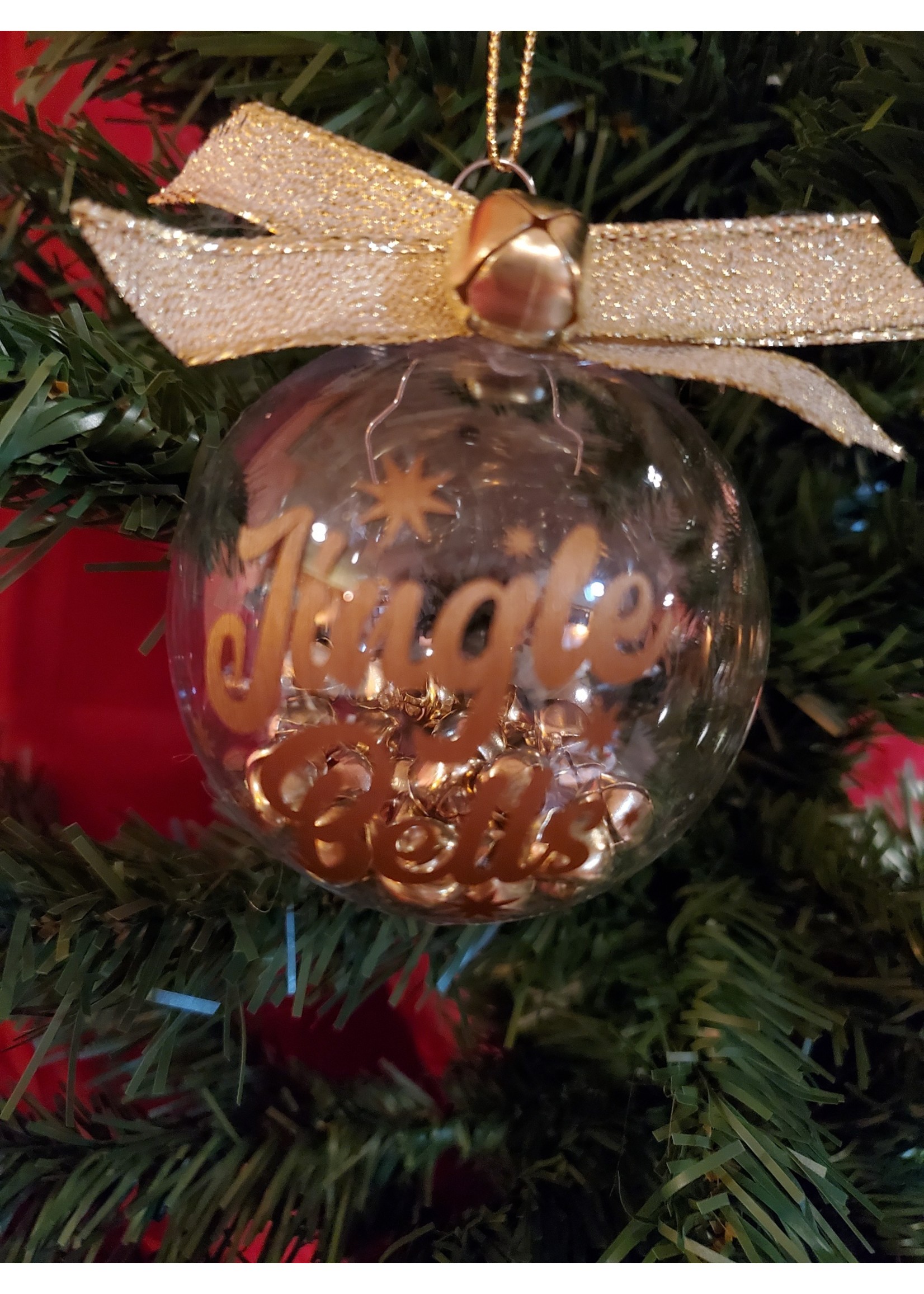 Sally Ward Ornament clear plastic 2.65 in-Gold Jingle Bells w/Gold Bells,  Gold Ribbon and Gold Bell