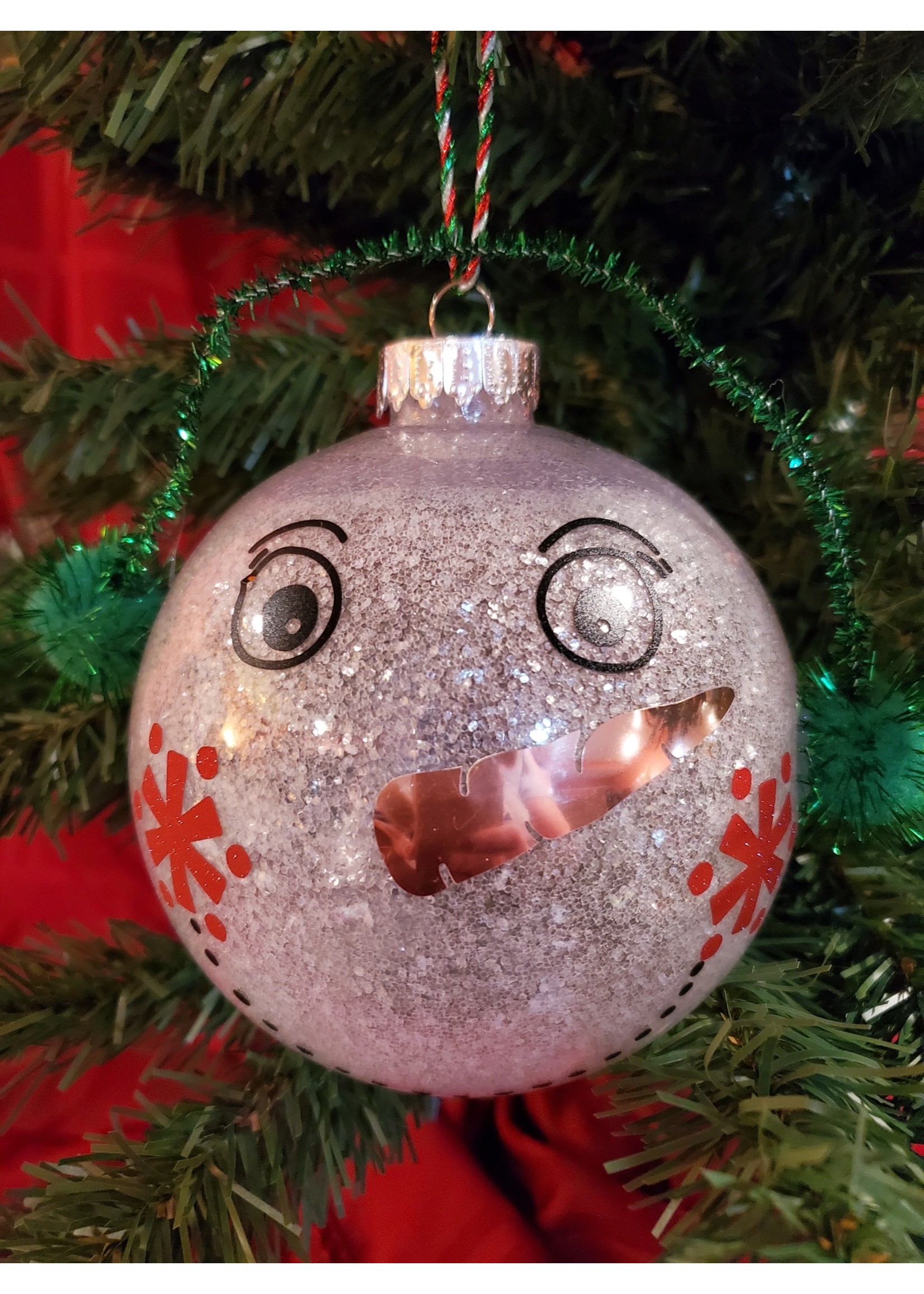 Sally Ward Ornament shatterproof 5 in-Frosted Snowman w/Green Earmuffs