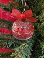 Sally Ward Ornament clear plastic 2.65 in-Red Believe w/Red Bow and Berry accent