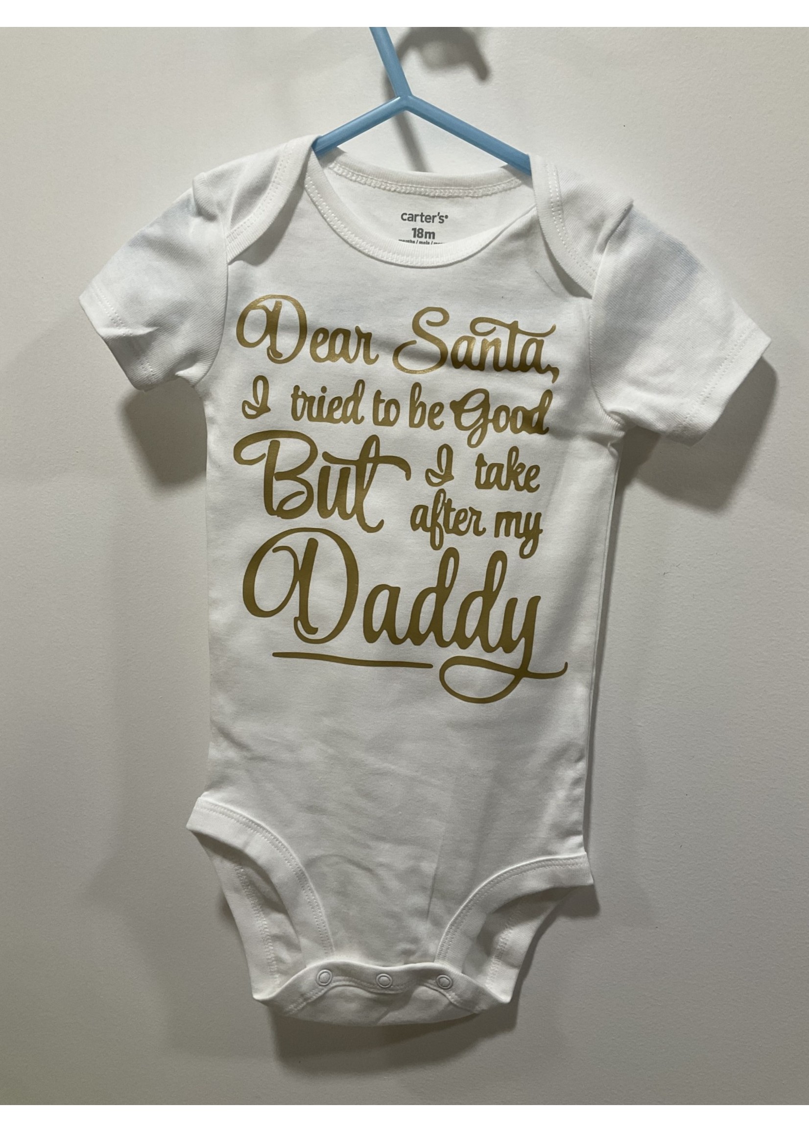 My New Favorite Thing Onesie White w/Gold "Dear Santa, I Tried To Be Good" short sleeve *size month