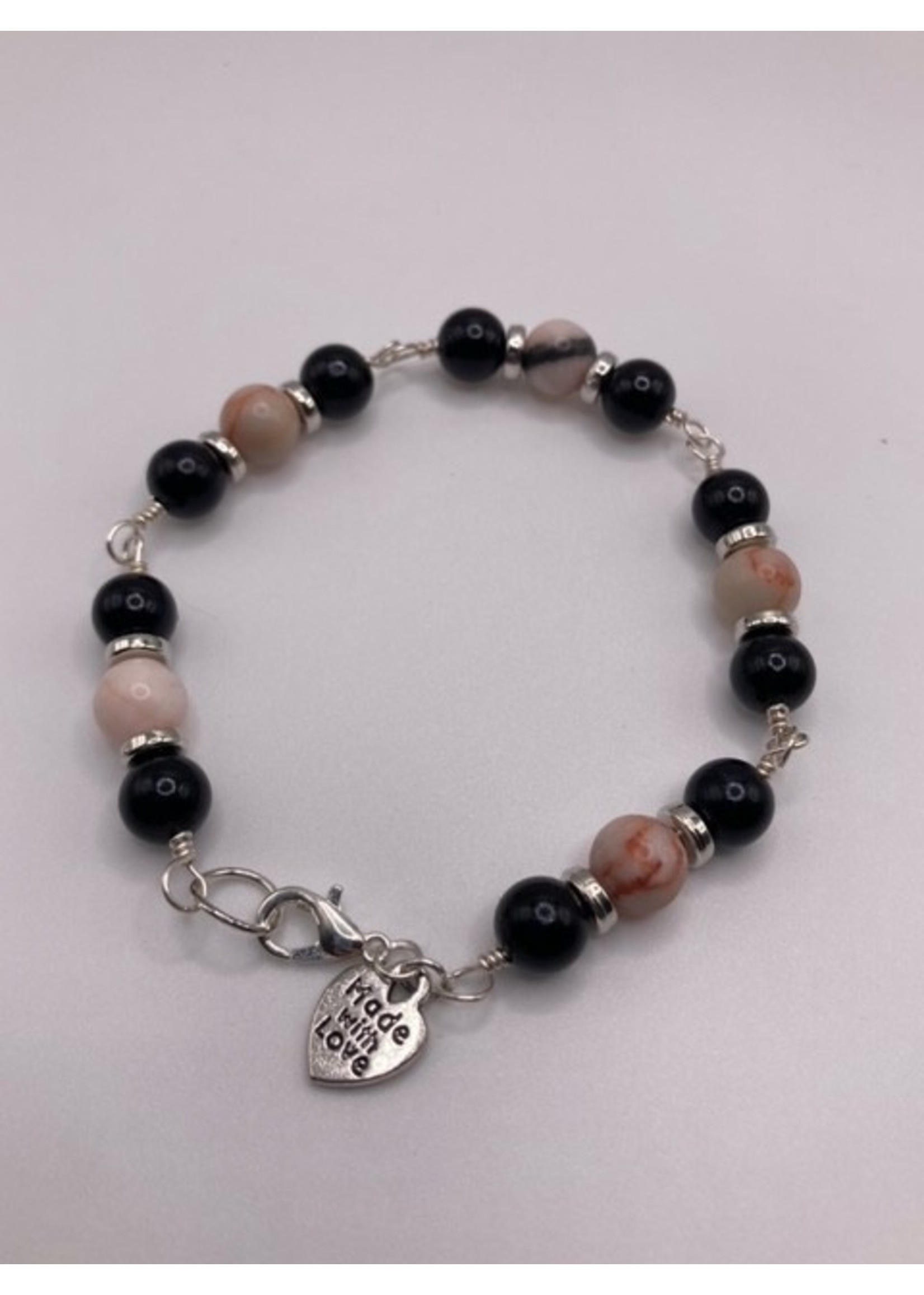 Our Twisted Dahlia Pink Zebra Jasper with Black Beads