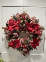 My New Favorite Thing Wreath Mesh Burlap and Red with Pinecones, Red Poinsettias and Gold Ribbon