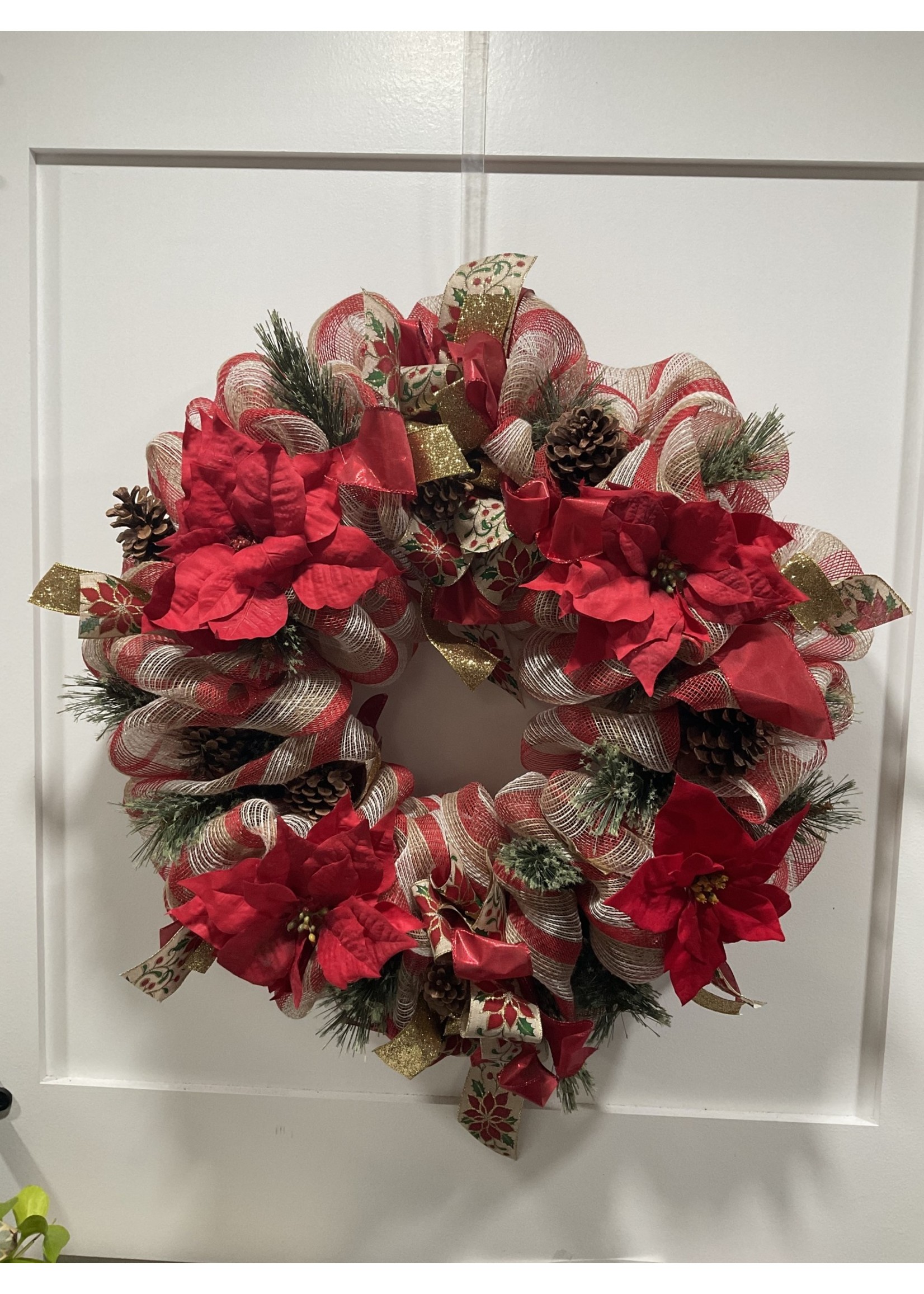 My New Favorite Thing Wreath Mesh Burlap and Red with Pinecones, Red Poinsettias and Gold Ribbon